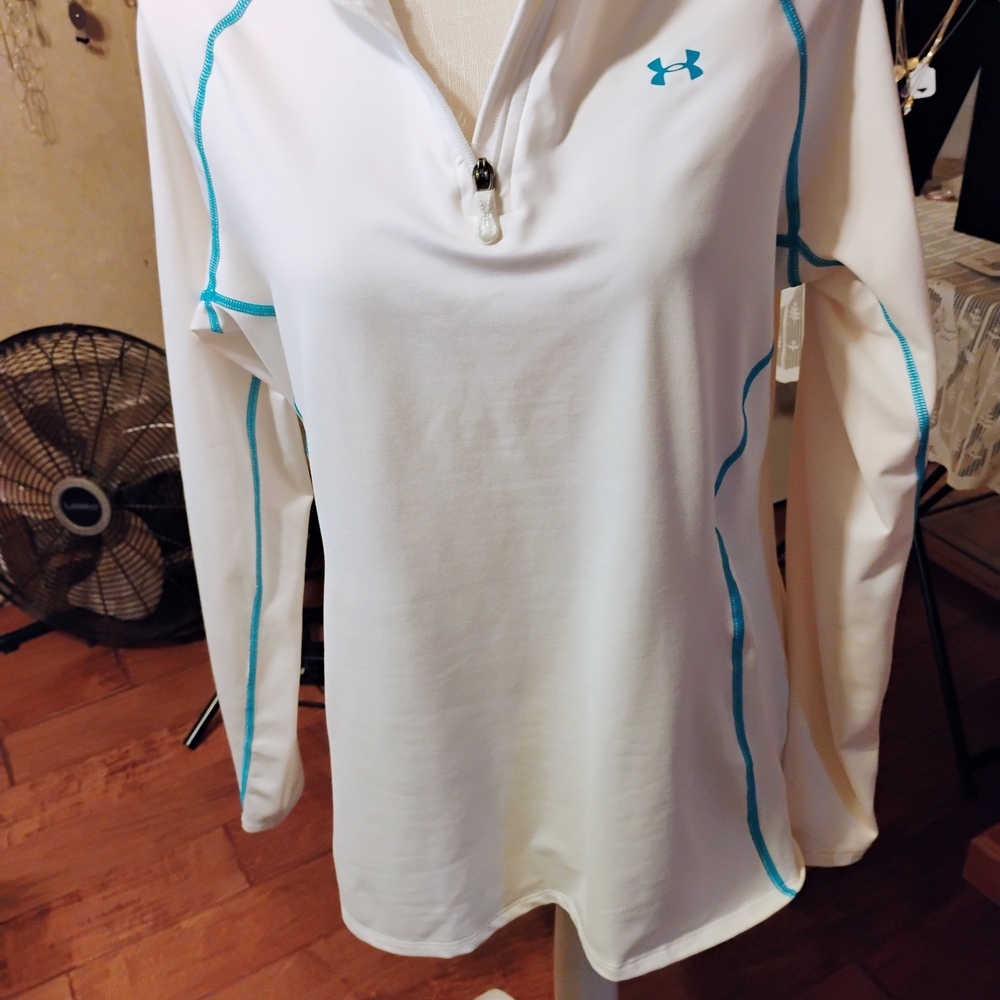 Under Armour White and Blue Fitted Long Sleeve Polo